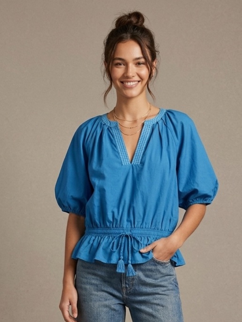 Calligraphie poplin V-Neck Peasant with‎ Drawstring Waist blouse